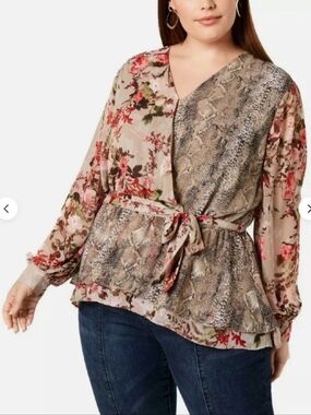 INC International Concepts Beige Floral & Snake-Print Wrap Peplum